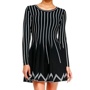 Dot-Striped Fit-And-Flare Dress, Black/White